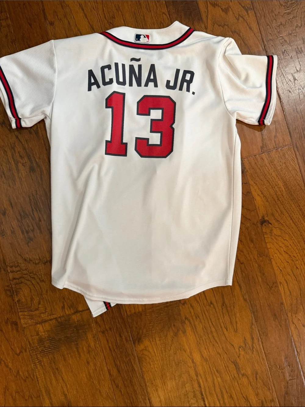 Nike White Braves Kids Baseball Jersey with Red and Navy Trim